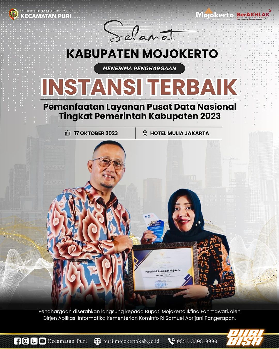 Pemerintah Kabupaten Mojokerto meraih juara 2 (dua) "Instansi Terbaik *Pemanfaatan Layanan Pusat Data Nasional Tingkat Pemerintah Kabupaten 2023"